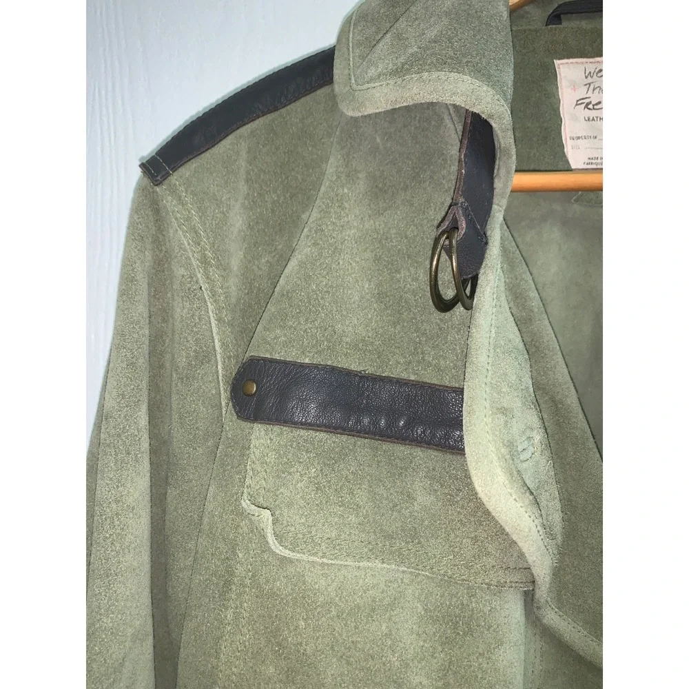 We The Free Free People Green Suede Leather MotUtility Jacket XS Brown Trimo